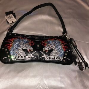 Ed Hardy Black Faux Leather Rhinestone Dead Or Alive Horse Shoulder Bag NWT